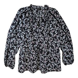 Lane Bryant Black Floral Button Down Peasant Style Long Sleeve Blouse 14/16